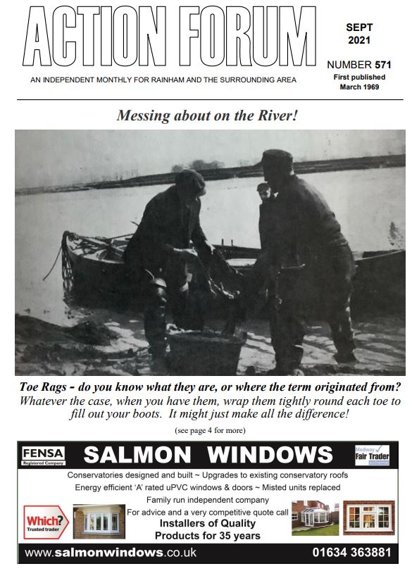 Action Forum magazine number 571, September 2021. Cover picture is Horace Moore on the River Medway - read article about toe rags
