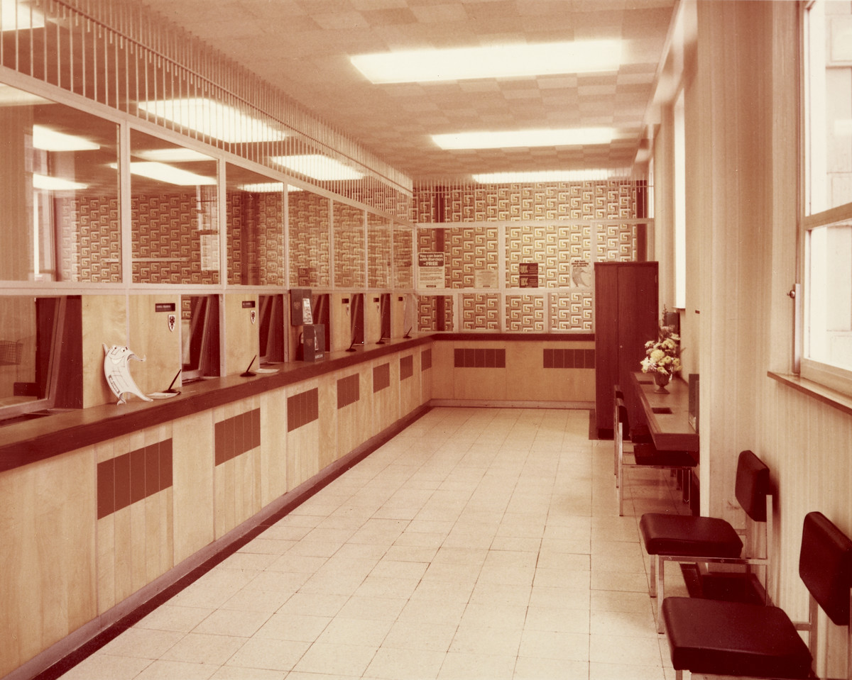 Interior photo of the Barclays Bank Gillingham branch from the 1970s