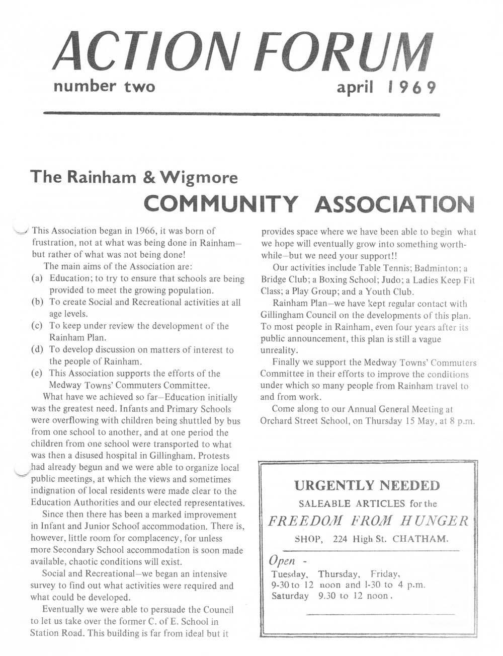 Action Forum magazine number 2, April 1969.   
The cover featured an article about the Rainham and Wigmore Community Association (RWCA) 
