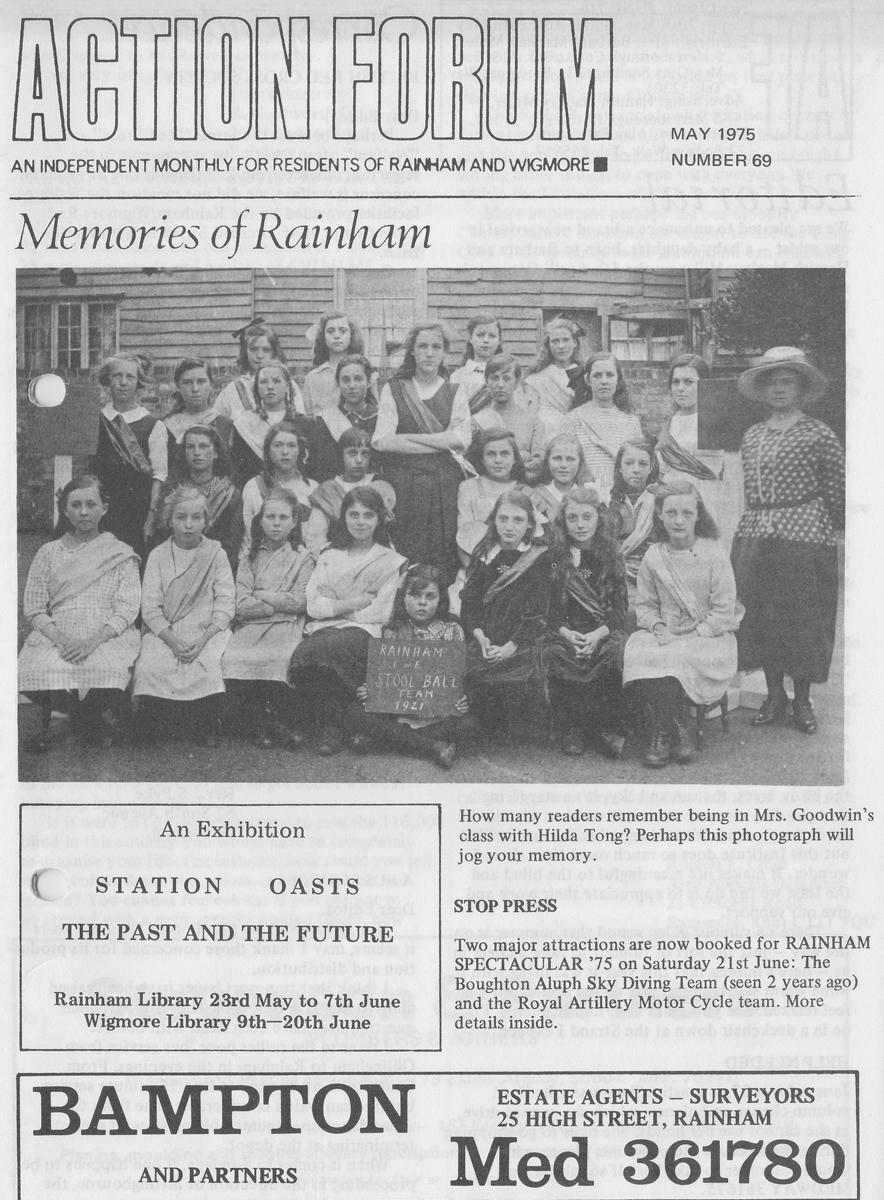 Action Forum magazine number 69 May 1975 The cover featured a photo of Rainham C of E Stool ball team in 1921 - memories of Mrs Goodwin's class from Hilda Tong