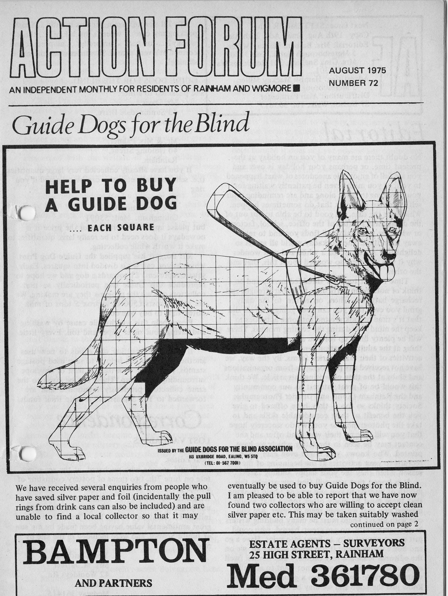 Action Forum magazine number 72, August 1975. The cover featured a picture of a Guide Dog divided into squares for fundraising with milk bottle tops