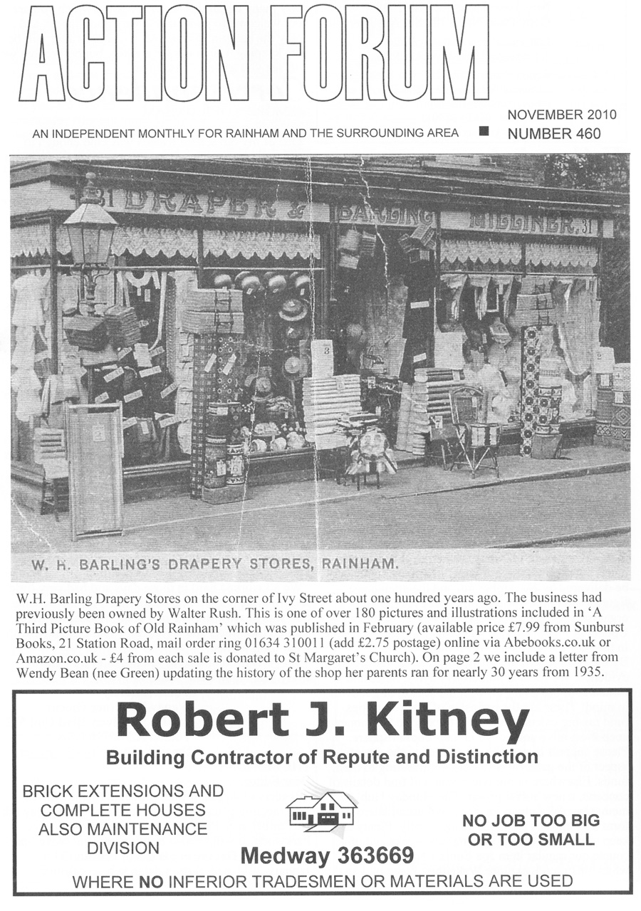 Cover photo is of WH Barling Drapery Stores on corner of Ivy Street Rainham around 1910