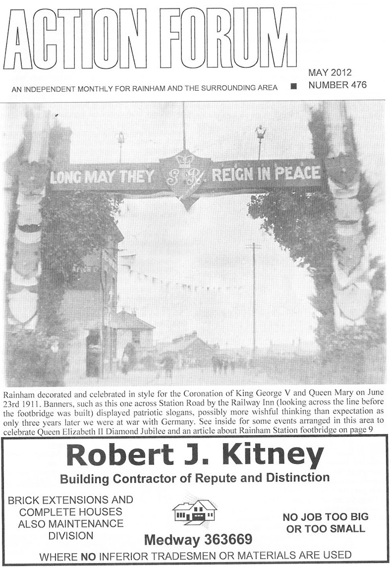 Cover photo of Rainham decorated for the coronation of King George V and Queen Mary on 23 June 1911 showing banners across Station Road Rainham