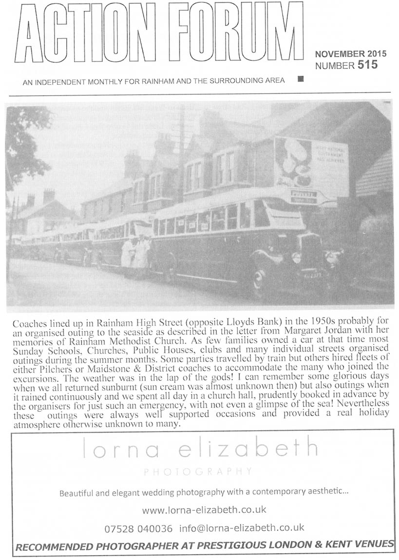 Cover photo of coaches lined up along the A2 in Rainham for outing to seaside in 1950s with hired fleets of either Pilchers or Maidstone and District coaches to make the journey to Margate, Broadstairs or Ramsgate.