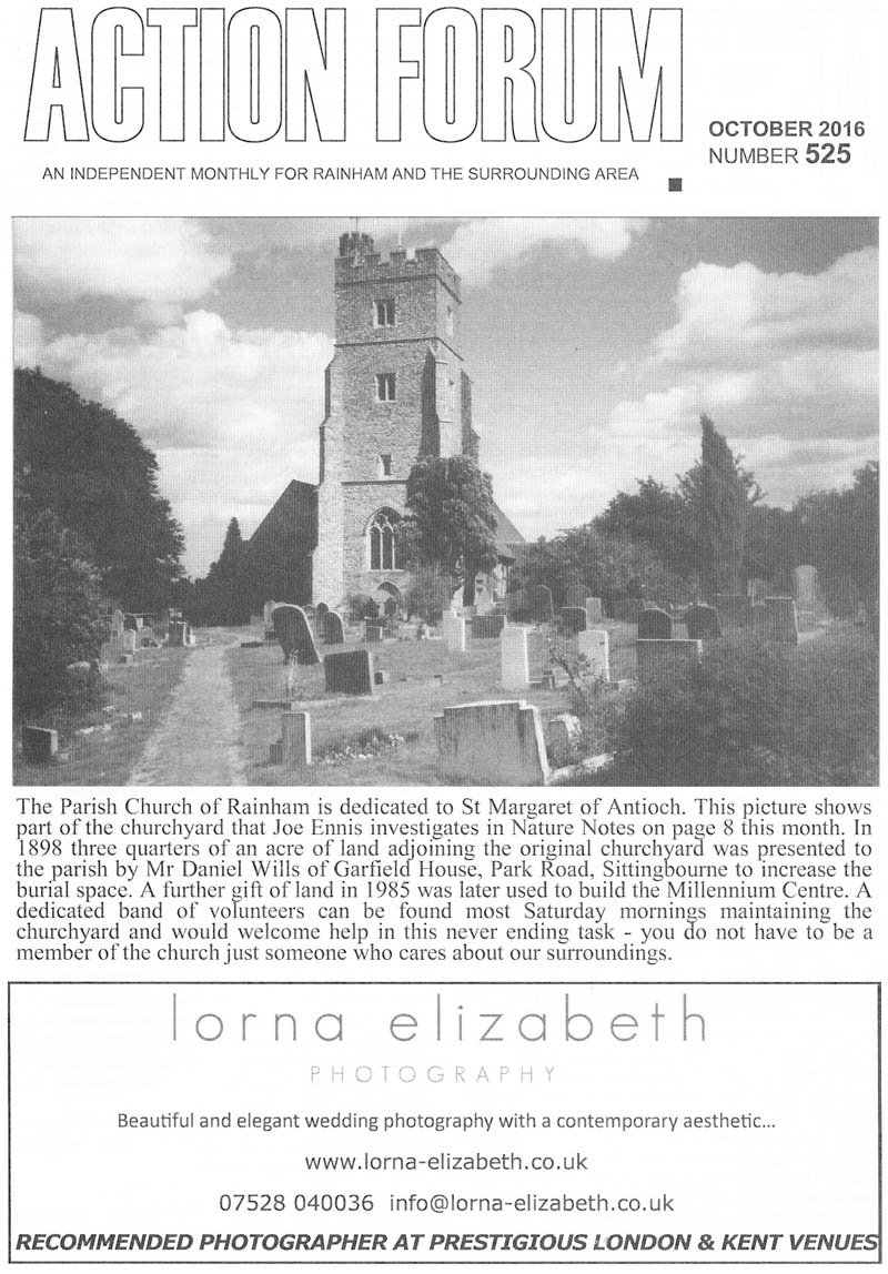 Cover photo of Parish Church of St Margaret of Antioch. In 1898 three quarters of an acre of land adjoining the churchyard was presented to the parish by Mr Daniel Wills of Garfield House, Park Road Sittingbourne to increase the burial space. A further gift of land in 1985 was later used to build the Millennium centre in Rainham. 