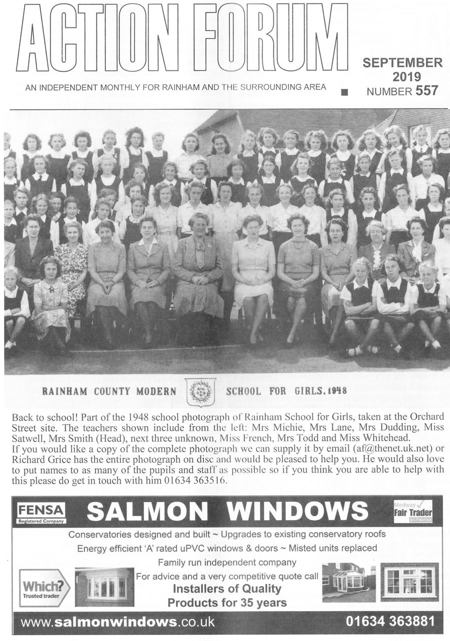 August 2019.   Click to view magazine. Cover photo of Rainham County Modern School for Girls in 1948 at Orchard Street site
 