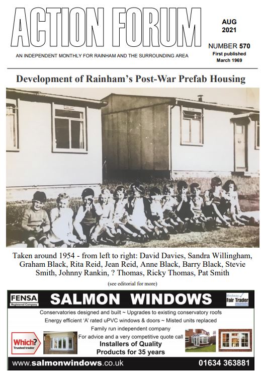 Action Forum magazine number 570, August 2021. Cover picture is of the prefabs off Fairview Avenue where Clematis Avenue is now, photo taken in around 1954