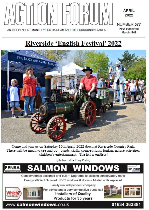 Action Forum magazine number 577, March 2022. Cover picture is of Riverside English Festival in 2018