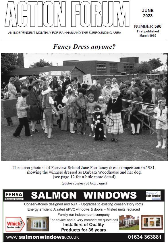 Action Forum magazine number 590 , June 2023.  Cover picture is of Fancy Dress Competition at Fairview School June Fair in 1981