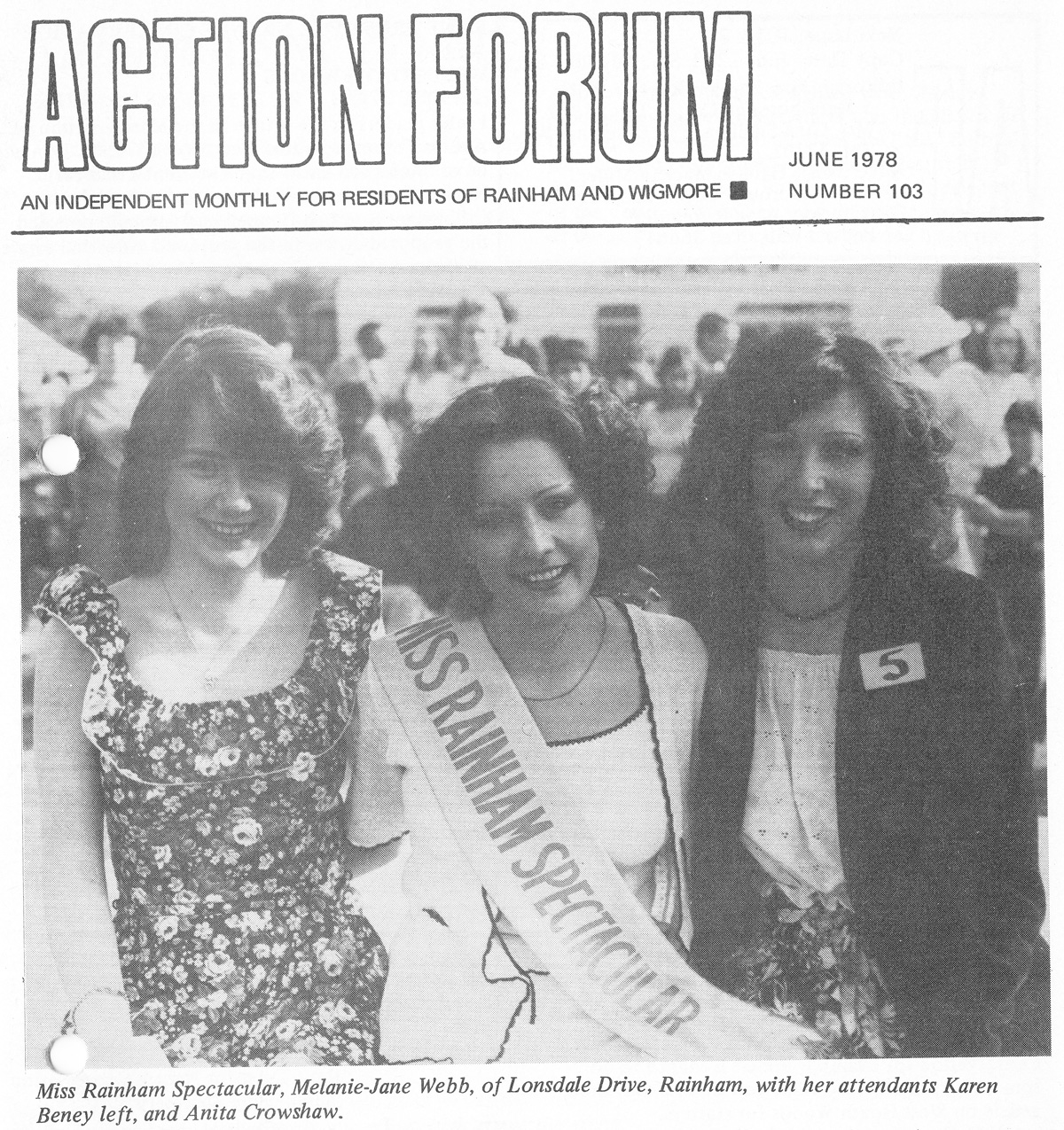 Action Forum from June 1978 showing a photo of Miss Rainham Melanie-Jane Webb along with attendants Karen Beney and Anita Crowshaw.
