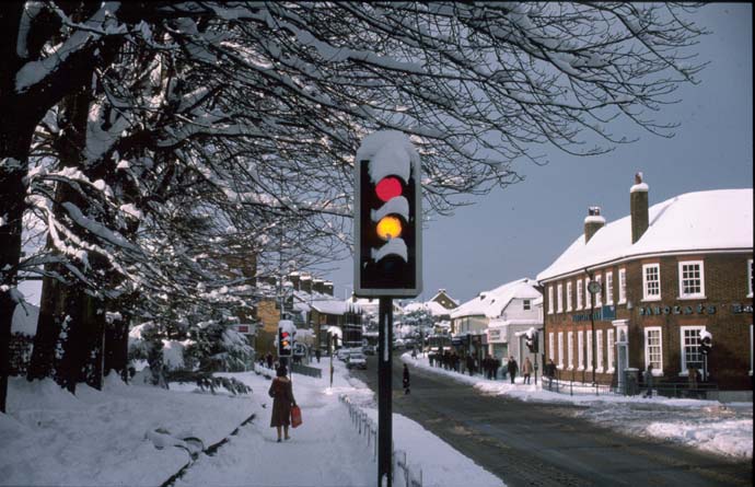 Snow covered High Street Rainham Kent Winter 1987