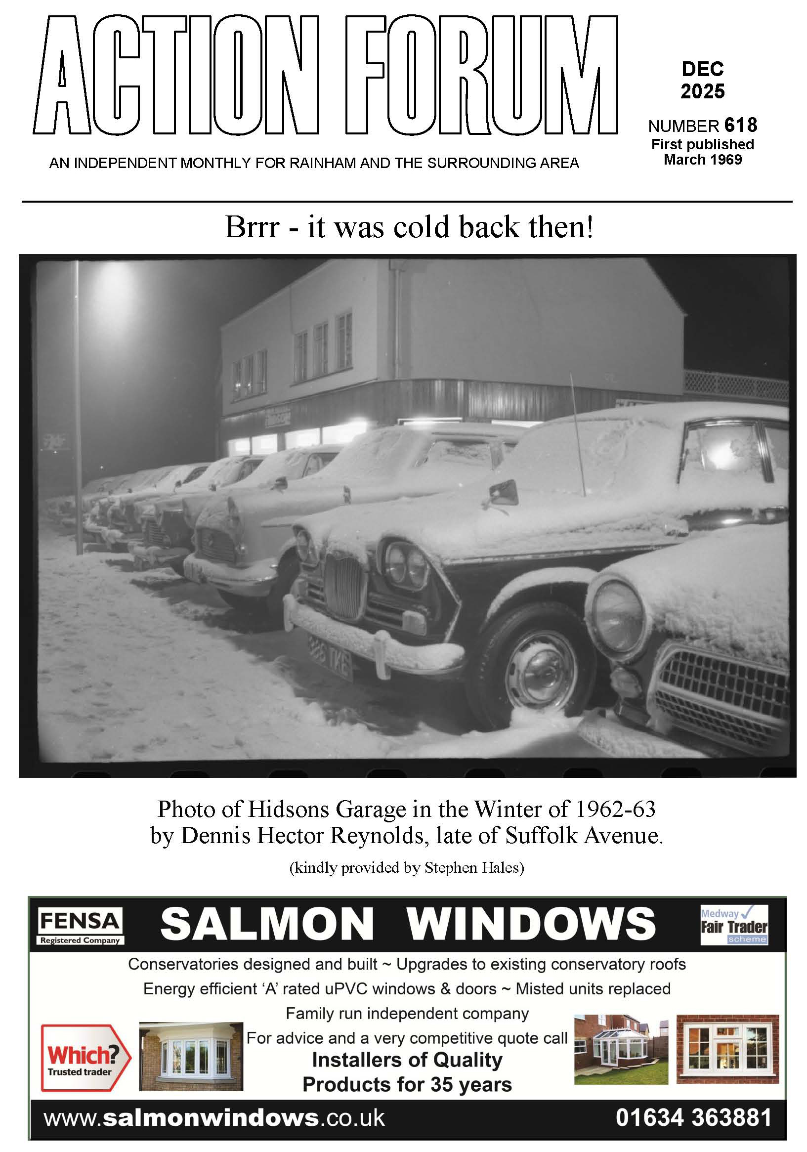 Cover is a photo of Hidsons Car dealership on Rainham High Street during the winter of 1962-1963 talem by Dennis Hector Reynolds